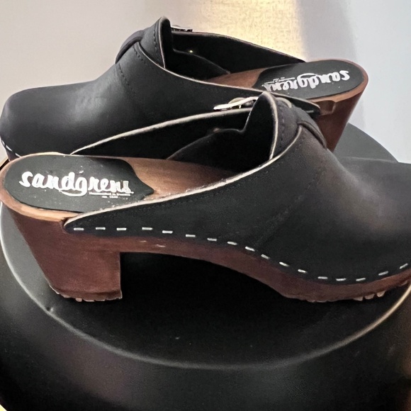 Sandgrens Suede Leather Clog Mules Navy Blue Wooden Platform Slip-On 37 EU NWOT - Picture 3 of 6